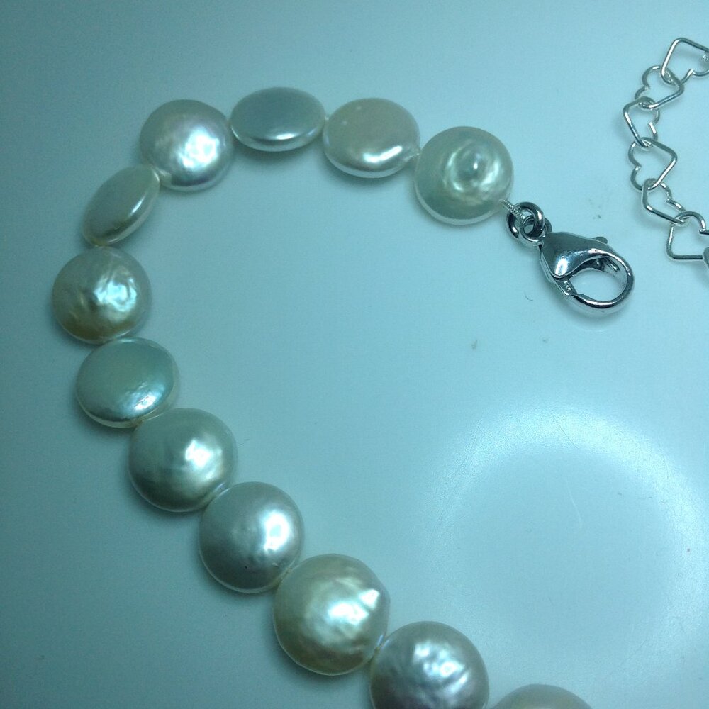 Silver White Freshwater Coin Pearl Necklace - Picture 3 of 6